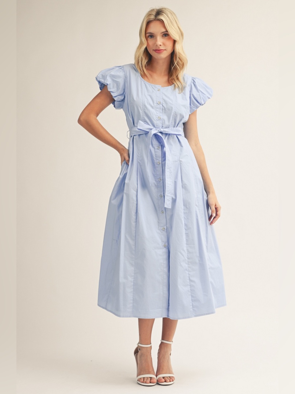 #293 Light Blue Button-Front Midi Dress with Tie Waist - Picture 2 of 4